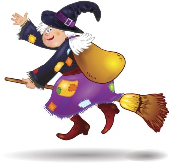 Illustration of a witch on a broom with patched clothing